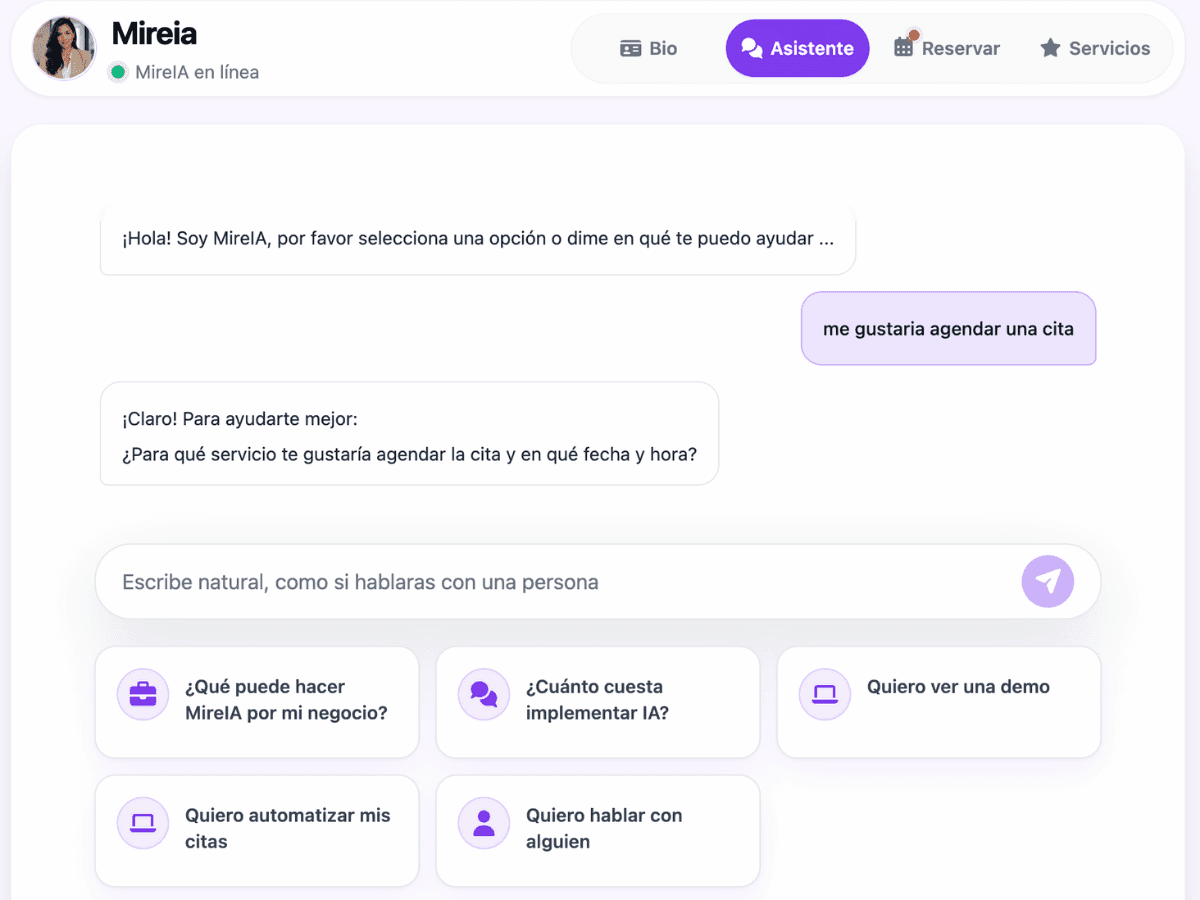 Cliente conversando con MireIA para solicitar una cita